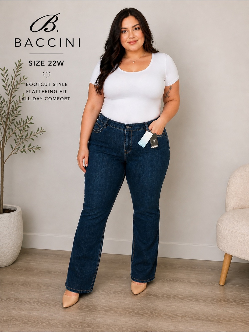 BACCINI Bootcut Jeans Size 22W Dark Wash Stretch Flattering Fit NWT